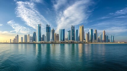 Fototapeta premium Panoramic view of the sparkling high-rises of the city under the hot sun, view from the sea.