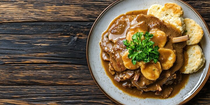 plate of meat with gravy biscuits on wooden background top view copy space food photography