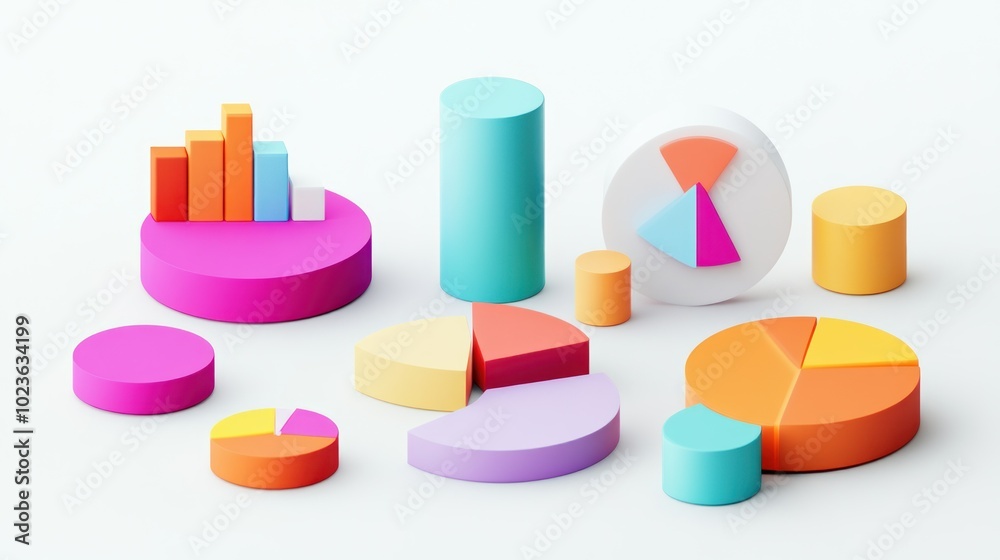 Poster colorful 3d charts and graphs on a white background