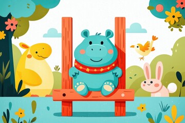 Fototapeta premium A colorful illustration of cute animals playing in a vibrant forest setting, featuring a hippo, rabbit, and bird.