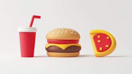 3D Render of a Burger, Pizza Slice, and Soda