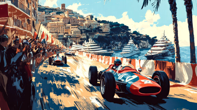 1960s Formula 1 cars racing through Monaco&rsquo;s narrow streets, with a backdrop of the Mediterranean, palm trees, and yachts. Spectators cheer as sleek vintage cars navigate sharp corners in the sunlight