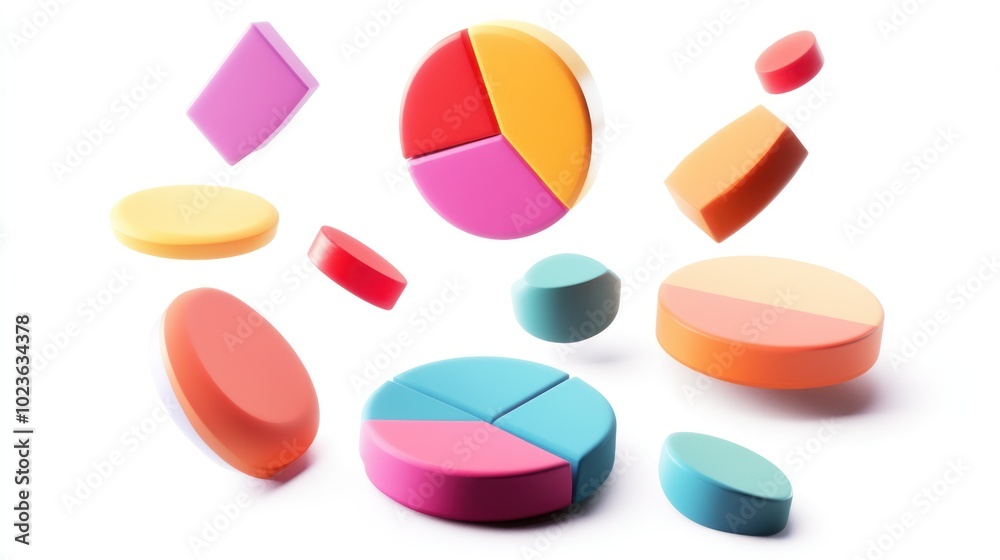 Poster colorful 3d pie charts and geometric shapes floating in white space