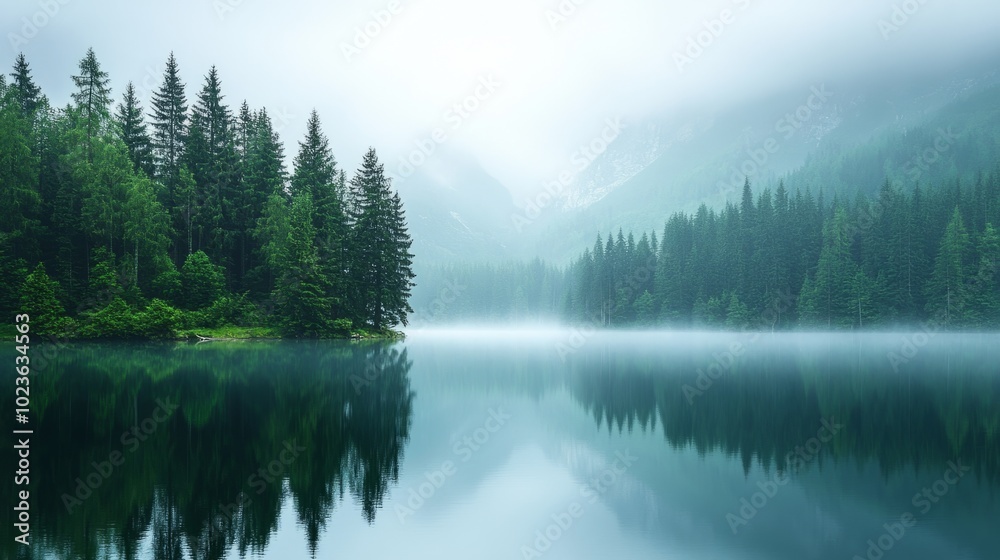 Aufkleber a forest with a lake in the background