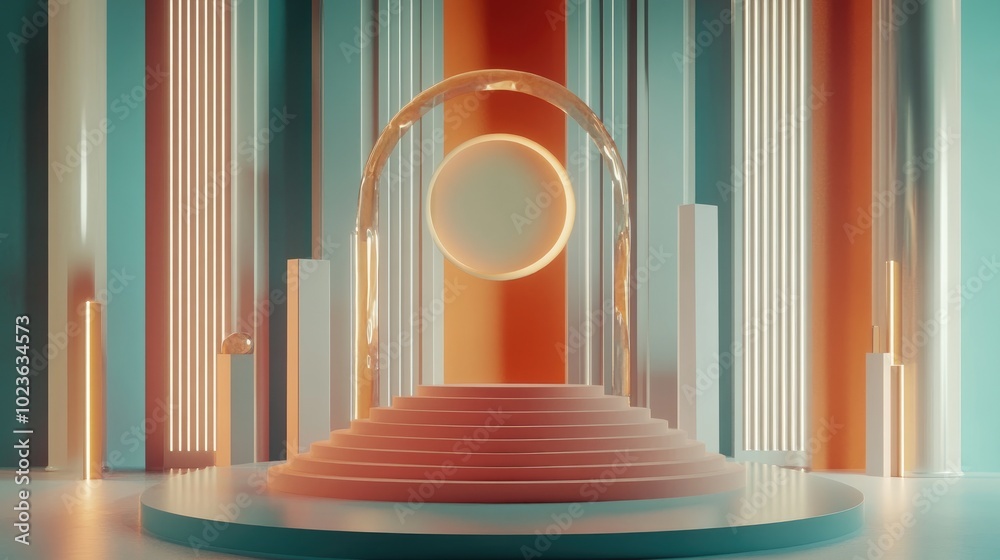 Aufkleber 3D rendering of a contemporary mockup featuring an abstract geometric background a blank template for minimalistic showcases simple shapes and an Art Deco inspired display with pastel colors