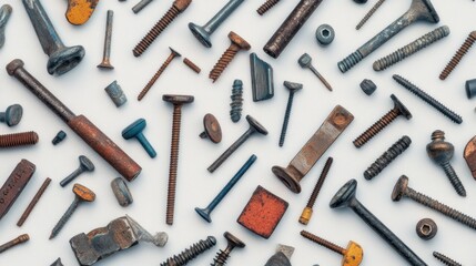 Fototapeta premium Assorted Rusty and Blue Metal Screws and Bolts on White Background