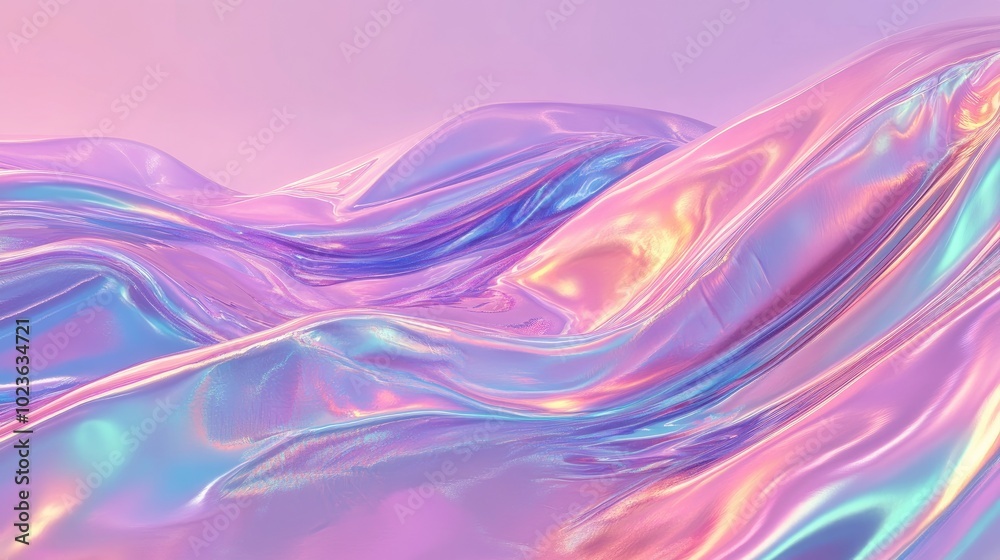 Poster Abstract Fluid Iridescent Shimmering Pearlescent Neon Luster Holographic Background Wavy 3D Render Gradient Texture Foil Flowing In The Wind Blurred Reflective Surface Pattern