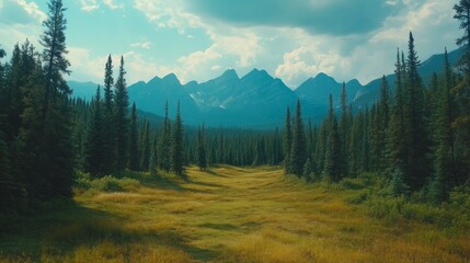 A scenic view of a grassy meadow surrounded by tall, green pine trees with a mountain range in the background.