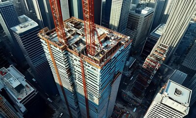 Aerial view of a high-rise construction site with cranes and building framework.