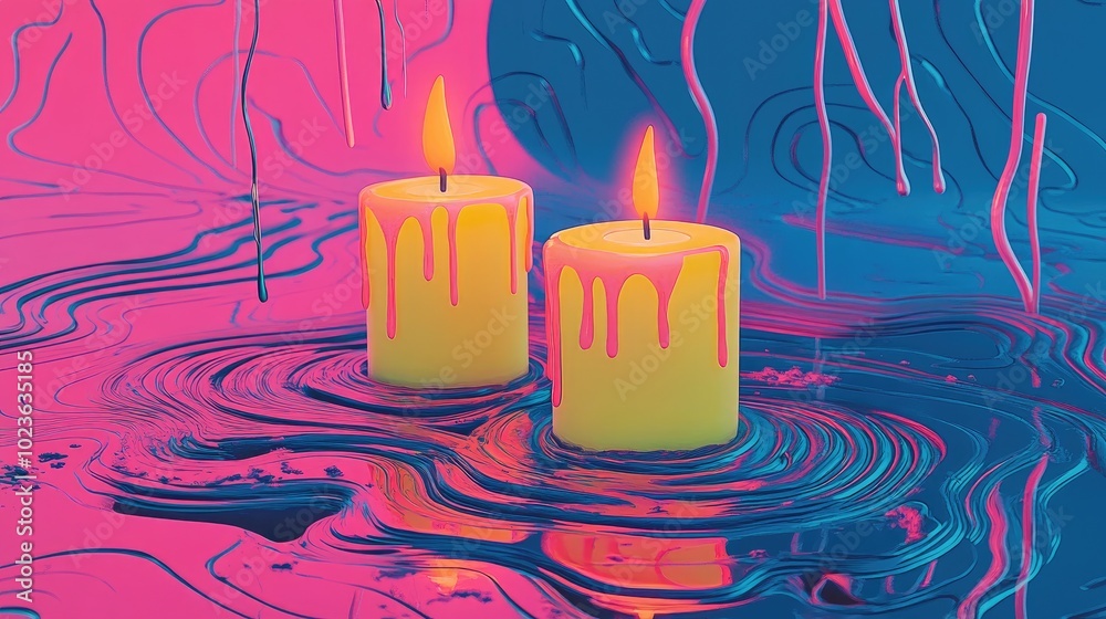Poster Candles Glowing in Darkness with Reflections and Shallow Depth of Field
