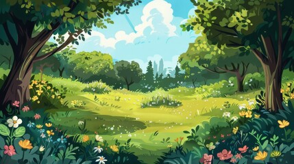 A vibrant and colorful illustration of a sunny meadow filled with wildflowers, surrounded by lush green trees and a clear blue sky.