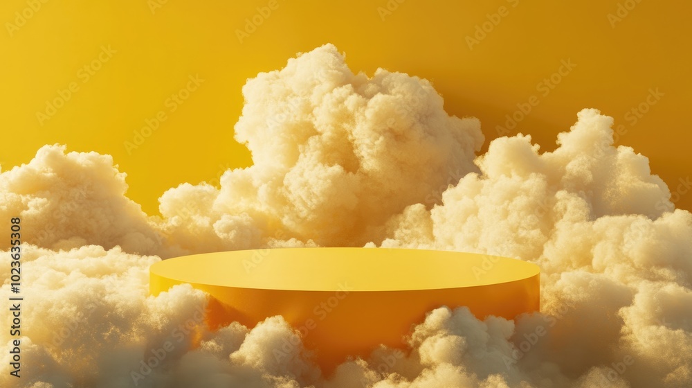 Poster 3d render of a yellow podium surrounded by clouds for showcasing products