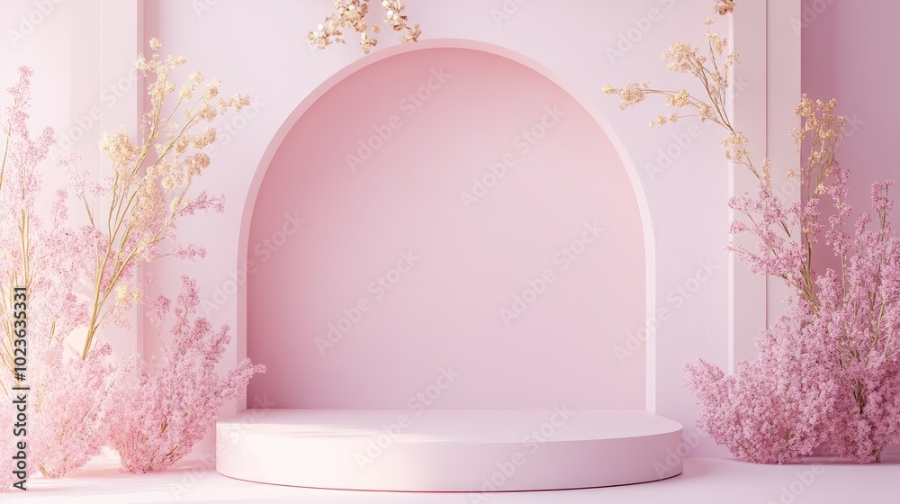 Poster 3d rendering of a top view flat lay display featuring a pastel lavender pink podium offering a minim