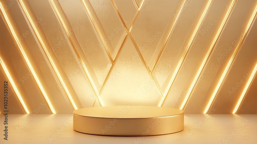 Poster 3d illustration featuring a golden background with geometric shapes illuminated pedestal for showcas