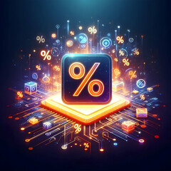 Flat Glowing Tech Icon with Floating Percentage Symbols - Cyber Monday Discounts Design in Vibrant Digital Style | Simple Vector Illustration for Smart Business Themes