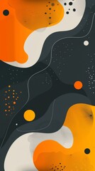 A vibrant abstract artwork featuring bold orange and black shapes with fluid lines and dots on a dark background.