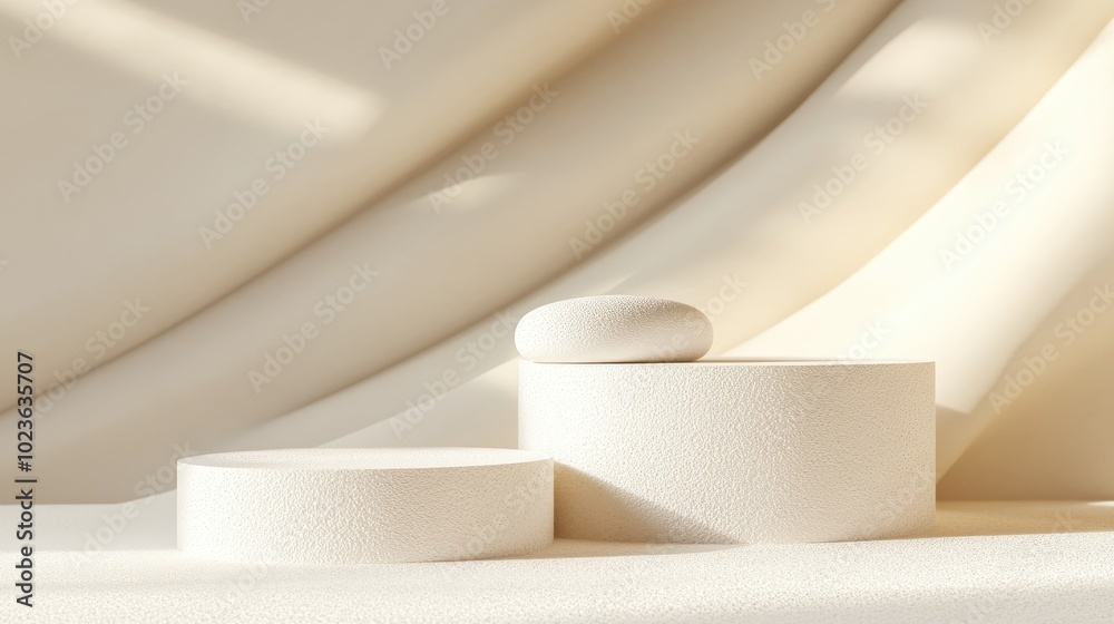Poster 3D podium display featuring geometric beige tones Abstract showcase with a white and coral studio backdrop ideal for product promotion or branding offering ample copy space Trendy 3D render mockup