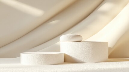 3D podium display featuring geometric beige tones Abstract showcase with a white and coral studio backdrop ideal for product promotion or branding offering ample copy space Trendy 3D render mockup