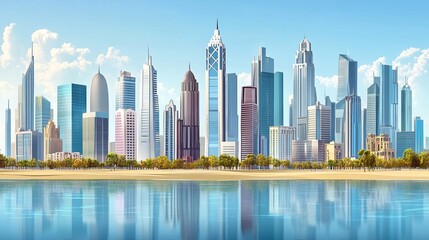 Fototapeta premium View from the sea of ​​​​glittering high-rise buildings of the city in the tropical heat.