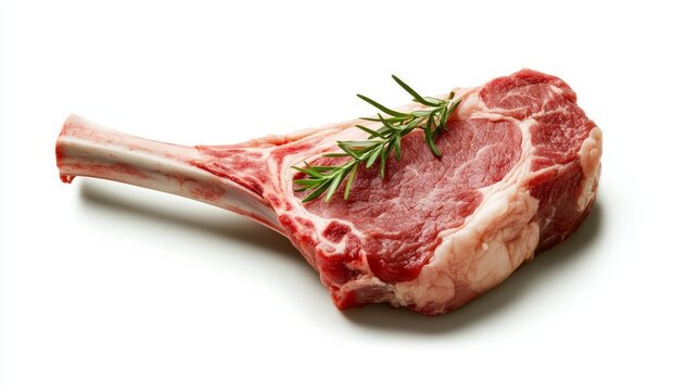 A single raw tomahawk steak with rosemary garnish on a white background.
