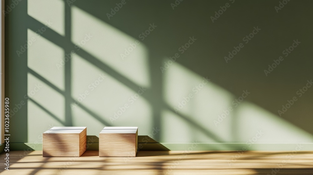 Aufkleber 3D rendered background featuring two boxes for product display on a green wall with sunlight shadows Suitable for presentations