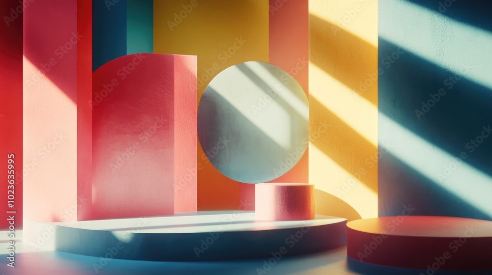 Aufkleber 3D render of an abstract geometric composition casting shadows on a surface showcasing product presentation and branding Scene featuring 3D background display illuminated by sunlight suitable for