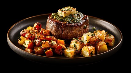 A gourmet steak served with seasoned roasted potatoes on a dark plate, elegantly presented for a fine dining experience.