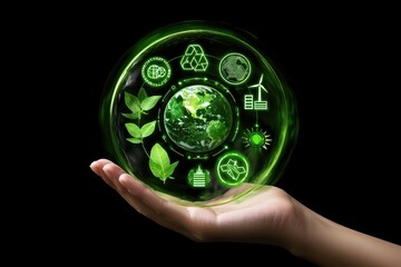 A hand holding a glowing green orb with eco-friendly symbols, representing sustainability and environmental awareness.