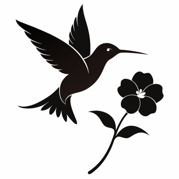 recommend clip art: A hummingbird hovering over a flower silhouette vector illustration on white background