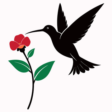 recommend clip art: A hummingbird hovering over a flower silhouette vector illustration on white background