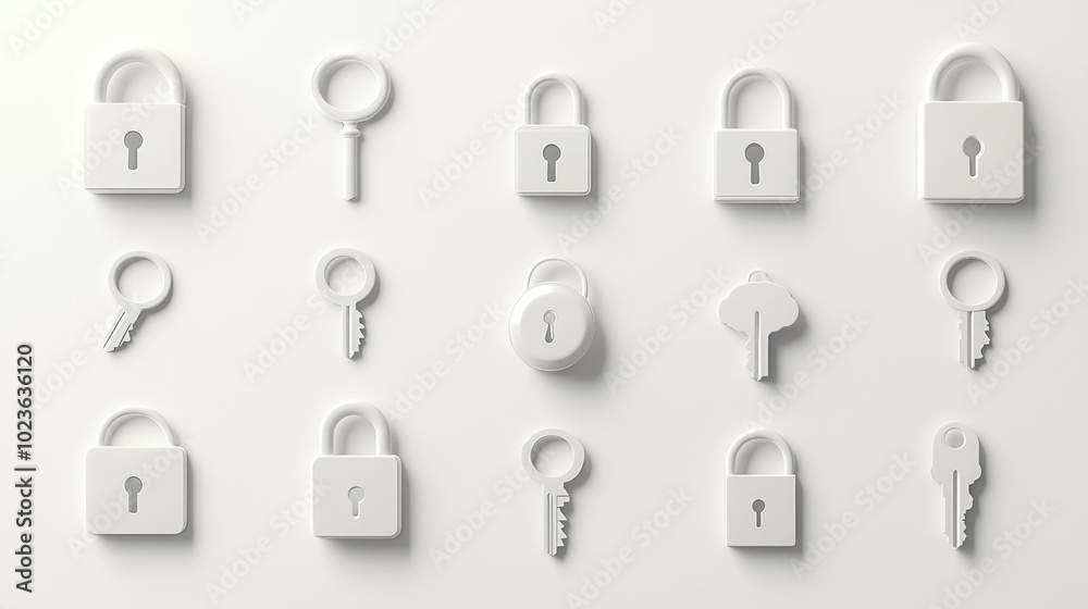 Poster white 3d rendered lock and key icons on a white background