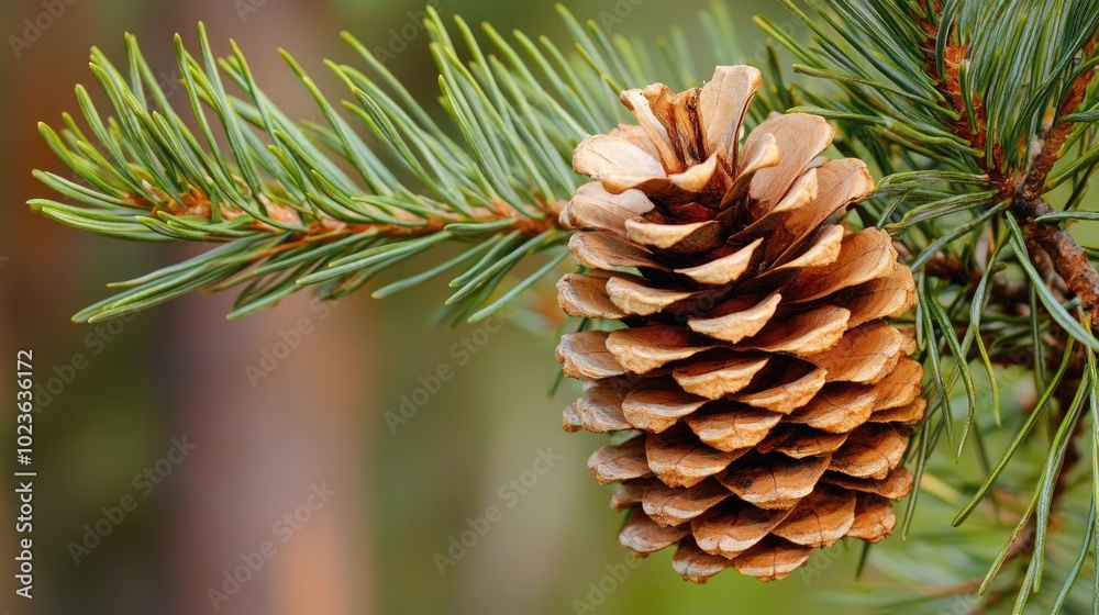 Poster close up of a pine cone on tree branch