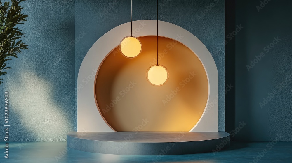 Poster Colorful block minimal circular podium designed for product display featuring light shapes and pendant lamp in a 3D rendered illustration background