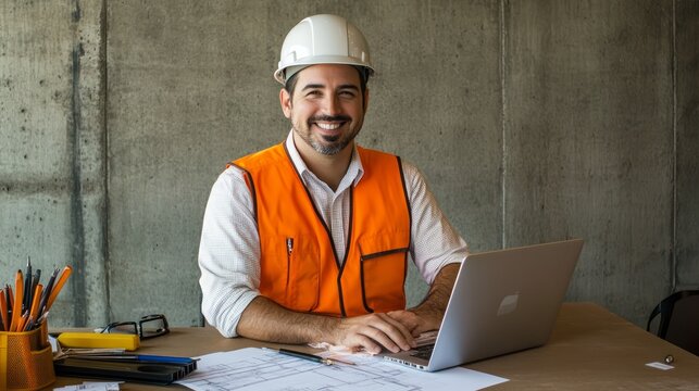 A smiling construction worker in a white hardhat and orange safety vest sits at a desk using a laptop computer.