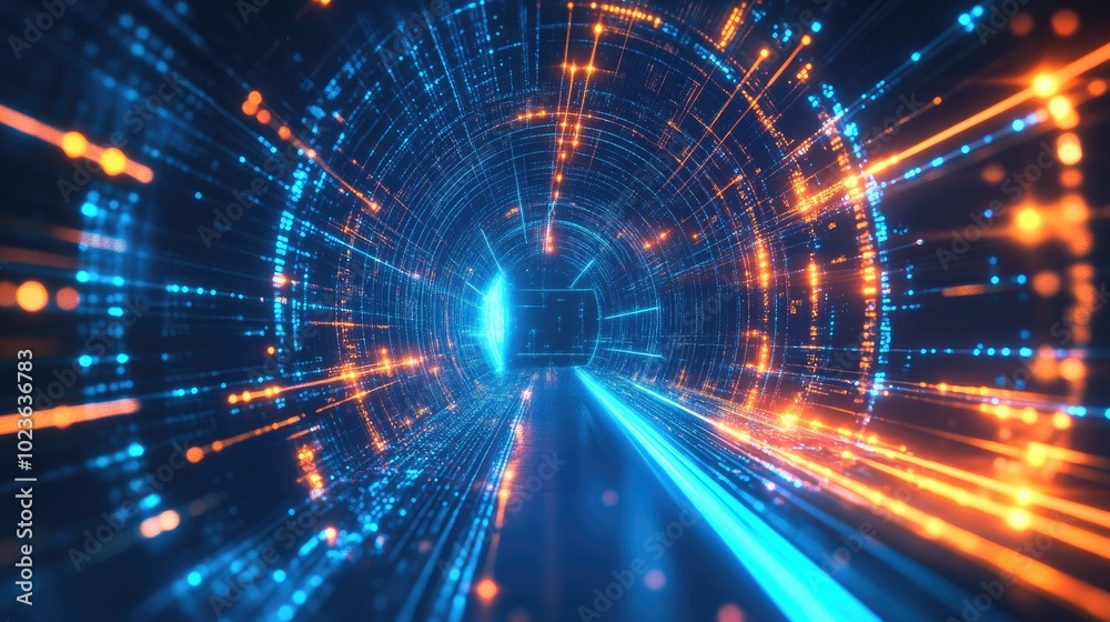 Poster Abstract Glowing Blue And Orange Neon Lines And Dots Background With Digital Technology Tunnel Futuristic Cyberspace With High Speed Moving Digital Data Sci Fi Virtual Reality