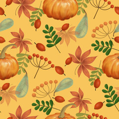 Seamless pattern on the autumn theme with pumpkins, leaves and berries on a yellow background. For use in design, on various materials, fabrics, wallpapers, packaging, covers, backgrounds, etc.