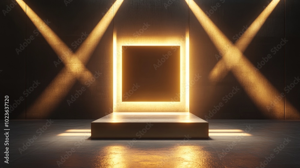 Aufkleber 3D render of an abstract background featuring geometric shapes and rays of light Contemporary minimal display scene with a golden square frame and vacant podium for showcasing products