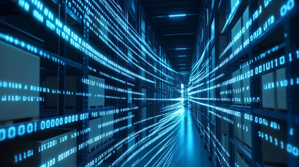 technology concept of a warehouse with Optimized Storage Shelving with Cardboard Box Organization, with analysis technology blue binary codes data flow