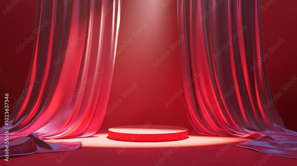 Poster 3D podium with red background and fabric curtain illuminated by spotlight in a luxurious setting