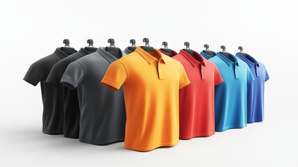 Clothing in the form of multi-colored shirts on a white background.