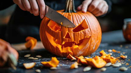 A person carving a pumpkin with a knife, creating a jack-o'-lantern, with the pumpkin's seeds and flesh scattered on the table.