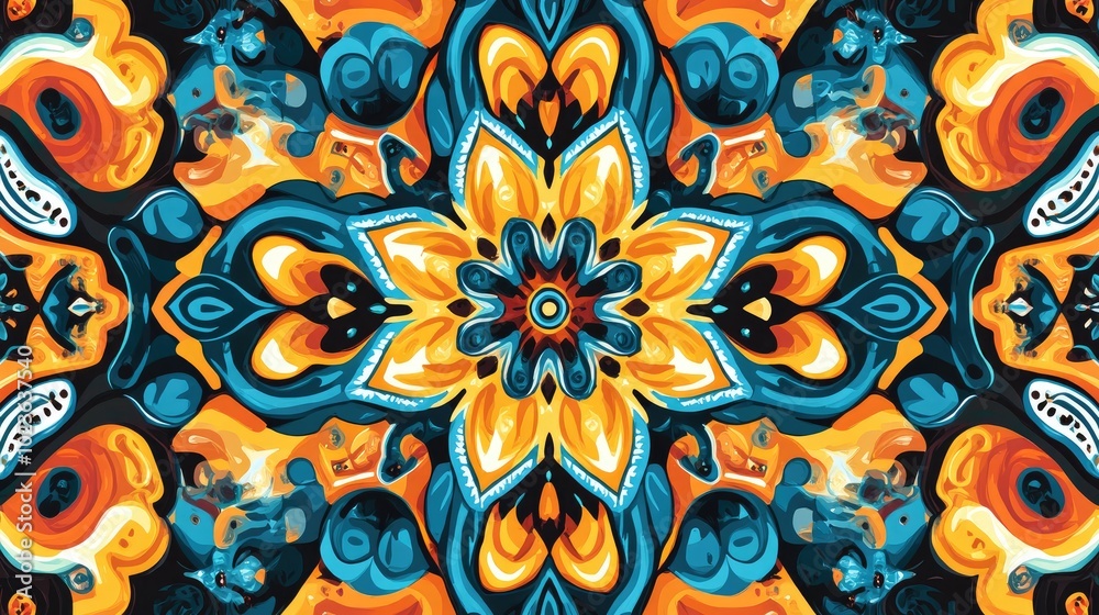 Poster Abstract kaleidoscope illustration featuring a psychedelic pattern suitable for fabric wallpaper or carpet designs Vivid colors and intricate shapes create a visually captivating look