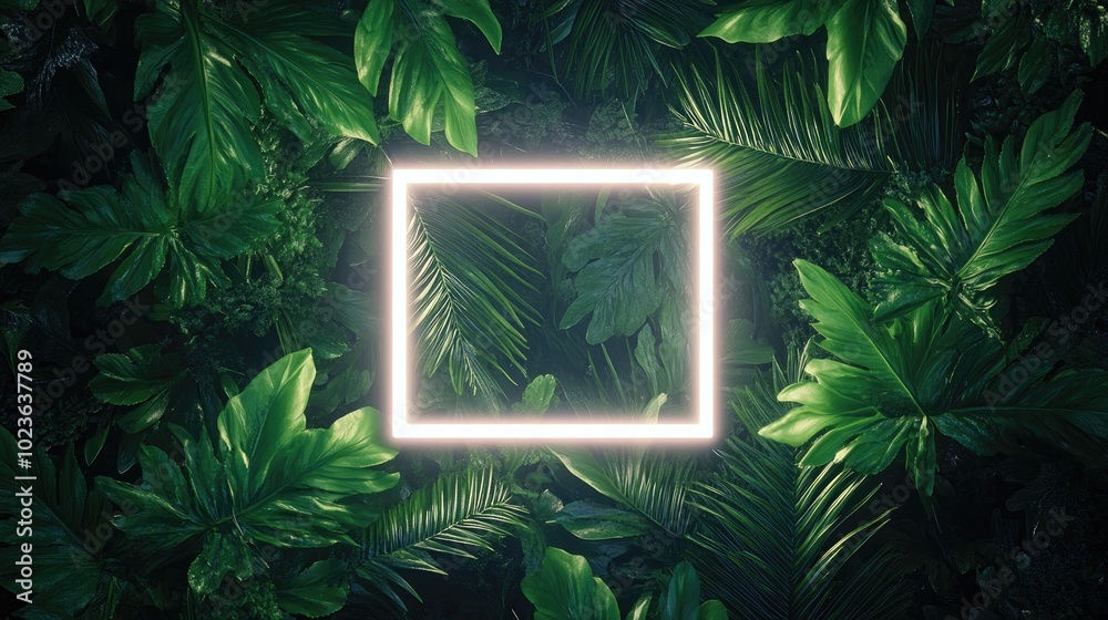 Poster 3d rendering of a white neon square light surrounded by tropical leaves showcasing a minimalist natu