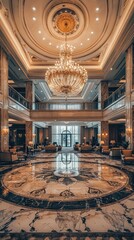 Obraz premium Elegant Hotel Lobby with Stunning Chandelier