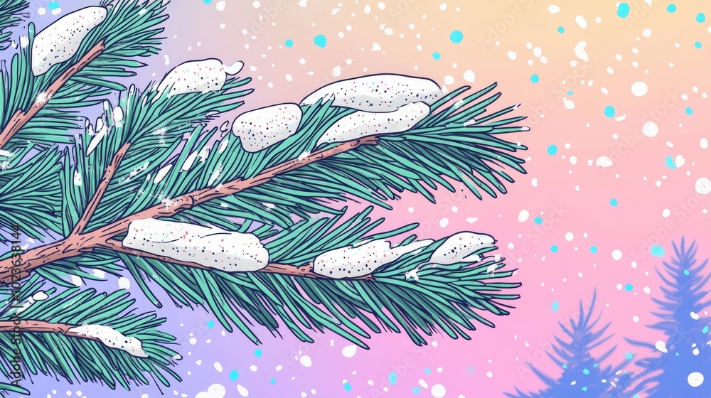 Aufkleber close up of spruce branch with small green needles beneath fresh white snow with a blurry winter for