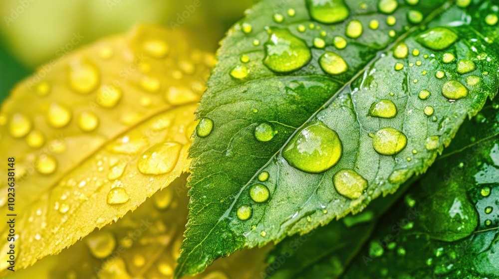 Poster close up of water droplets on a gradient of leaves following rainfall stunning natural background wi