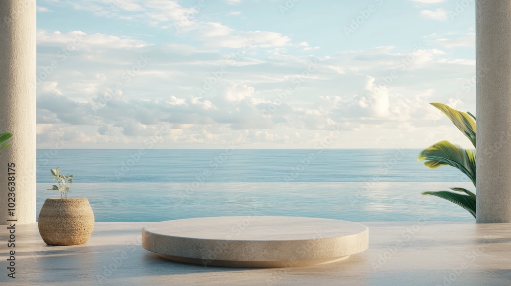Aufkleber 3D render of a podium setting overlooking a pool by the sea