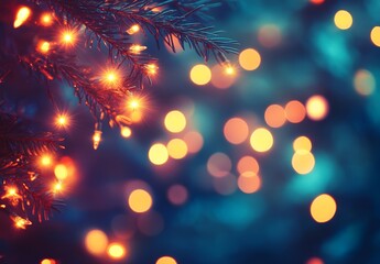 Obraz premium クリスマスツリーの装飾が施された緑の木々に輝く暖かい光のボケの中での祝祭的な雰囲気