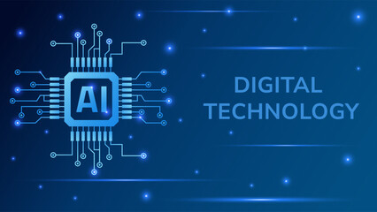 Artificial intelligence banner with AI chip. Futuristic digital technology background.