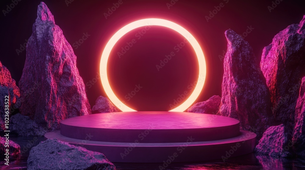 Aufkleber Abstract neon backdrop featuring luminous geometric shapes natural stone accents and a 3D podium render An empty display stand or platform designed for showcasing presentations and advertising tec